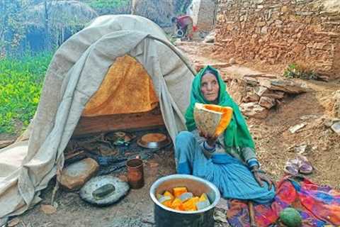 Nepali village grandmother cooking pumpkin and eating|organic Himalayan food|natural hilly kitchen||