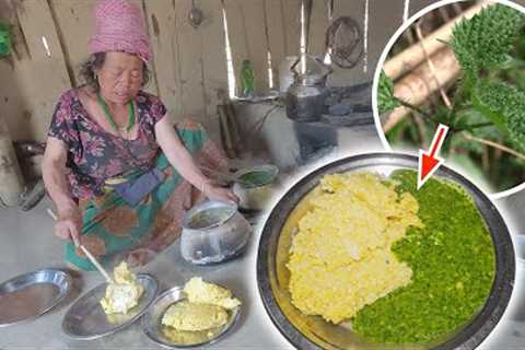 Cooking & eating Green organic nettles curry with corn rice | Nepali food mukbang | Traditional ..