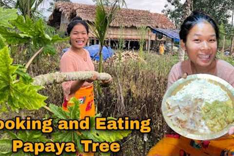 Cooking and Eating Papaya Tree With Dry Fish || Green Organic Vegetables || Village Life