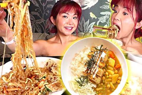 EATING FOOD FROM MY VEGAN CAFE (Japchae & Tofu Katsu Curry) Vegan Mukbang / Munching Mondays Ep...