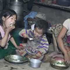 Hungry kids eating fast daily food, strong mother happy teach children learn well forest life
