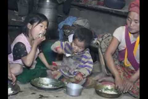 Hungry kids eating fast daily food, strong mother happy teach children learn well forest life